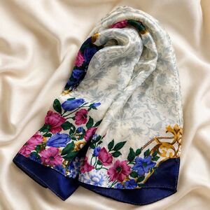Vintage 100% Silk Floral Scarf Made in Japan Long Oblong Blue Pink Gold 51”x11”